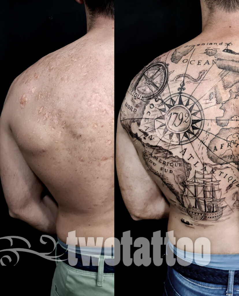 Tatuaje reparador sobre cicatrices en la espalda